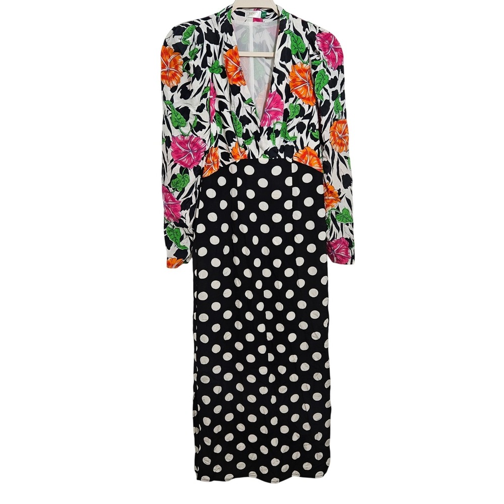 RIXO London Silk Maxi Dress Gretel Floral Polka Dot Designer V-Neck XS